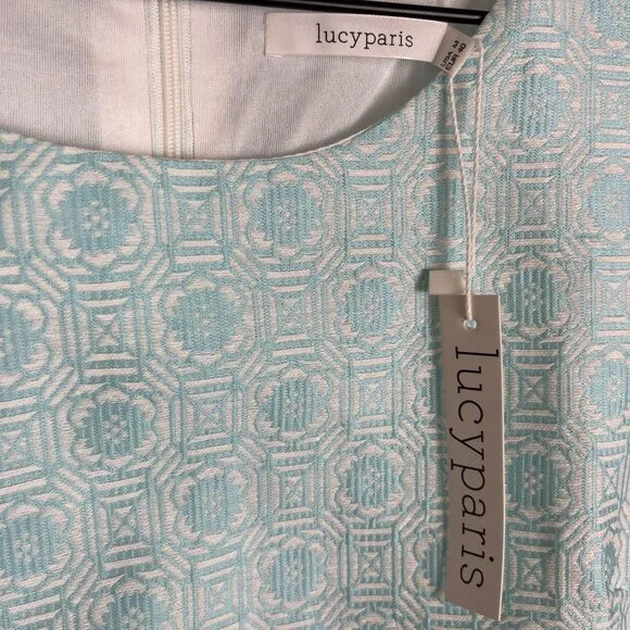 Lucy Paris Sleeveless Damask Shift Mini Dress‎ Aqua Blue M - Picture 3 of 3